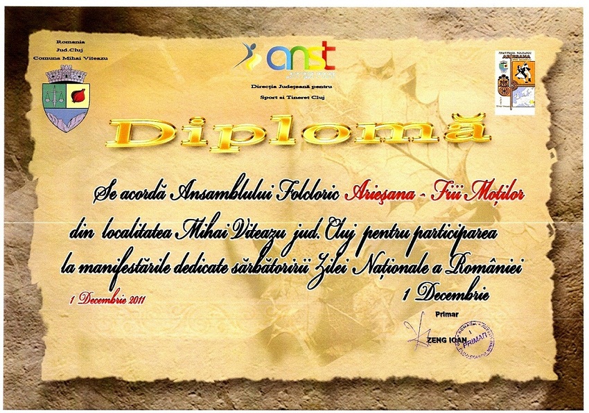 diploma Ansamblul Folcloric Ariesana din anul 2011